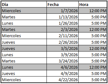 Fechas para la Orientacion en Zoom
